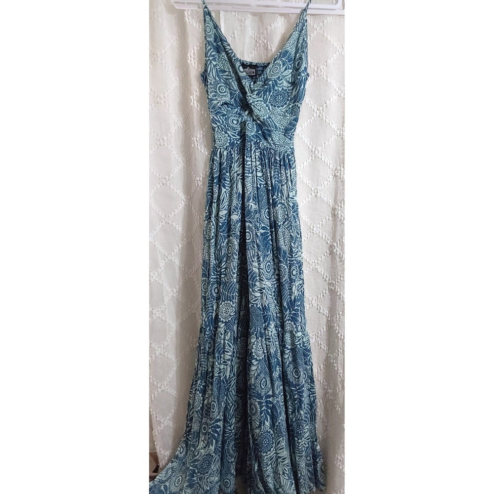 Angie Blue Floral Print Knot Front Maxi Dress Smocked Back Small